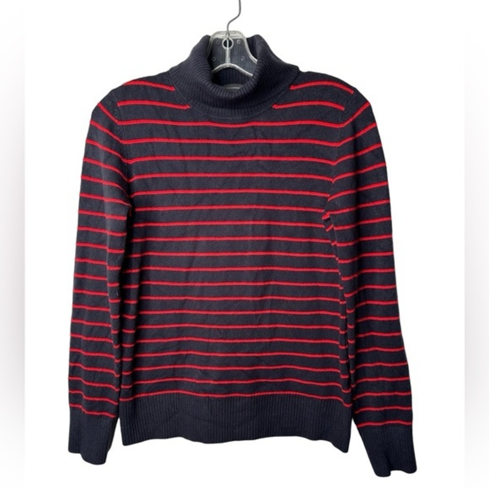 French Connection Striped Turtleneck Sweater XL – Navy with Red Stripes
